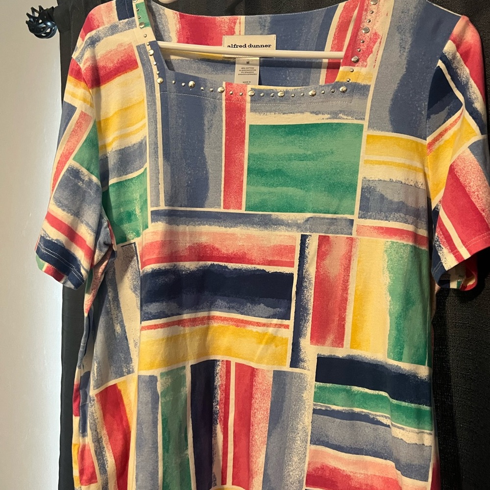 Colorful Alfred Dunner Geometric Women's Top with Studded Decoration.